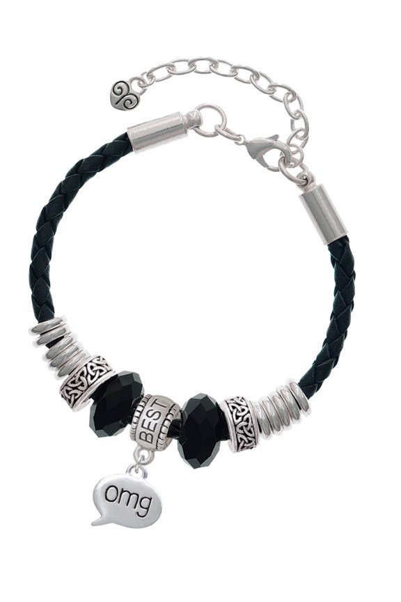 Silvertone Text Chat - omg - Oh My God - Best Friend Celtic Knot Leather Bead Bracelet, 7"+2" Extender