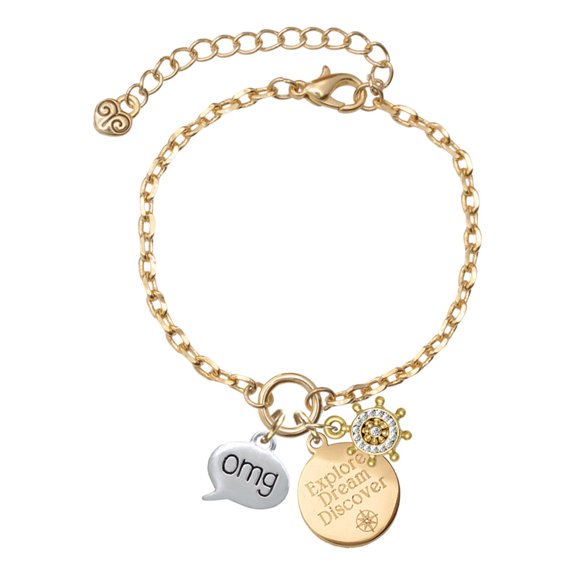 Delight Jewelry Silvertone Text Chat - omg - Oh My God - Goldtone Discover Dream Explore Zoey Charm Bracelet, 6.5+2" Extender