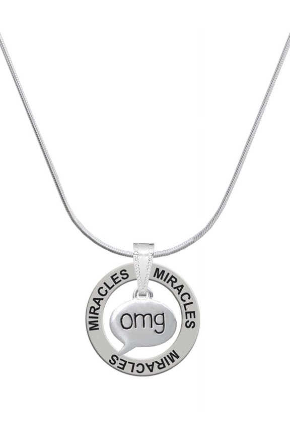 Silvertone Text Chat - omg - Oh My God - Miracles Ring Charm Necklace, 18"