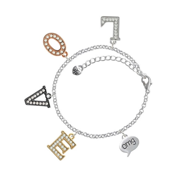 Delight Jewelry Silvertone Text Chat - omg - Oh My God - Multi-Colored Crystal Love Charm Bracelet