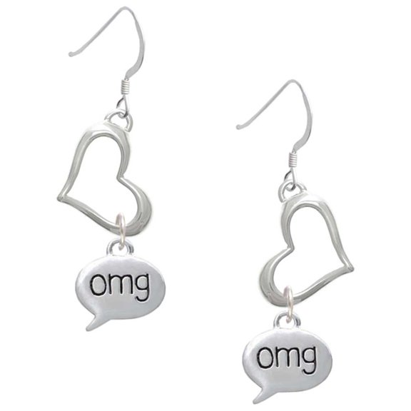Delight Jewelry Silvertone Text Chat - omg - Oh My God - Open Heart French Earrings
