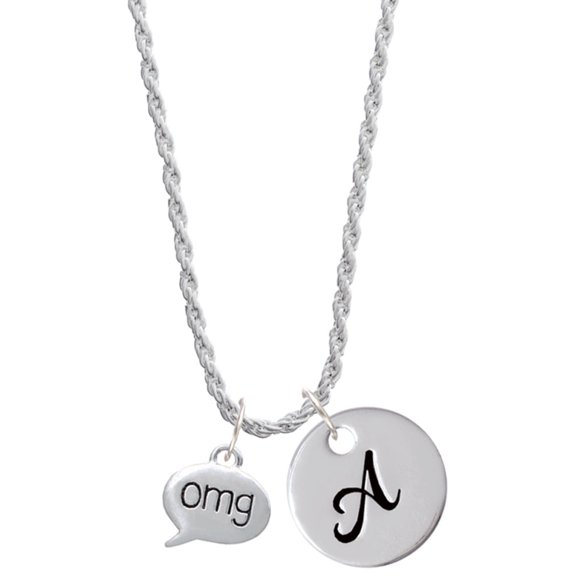 Delight Jewelry Silvertone Text Chat - omg - Oh My God - Silvertone Script Initial Disc - A - Charm Necklace, 20"+3"