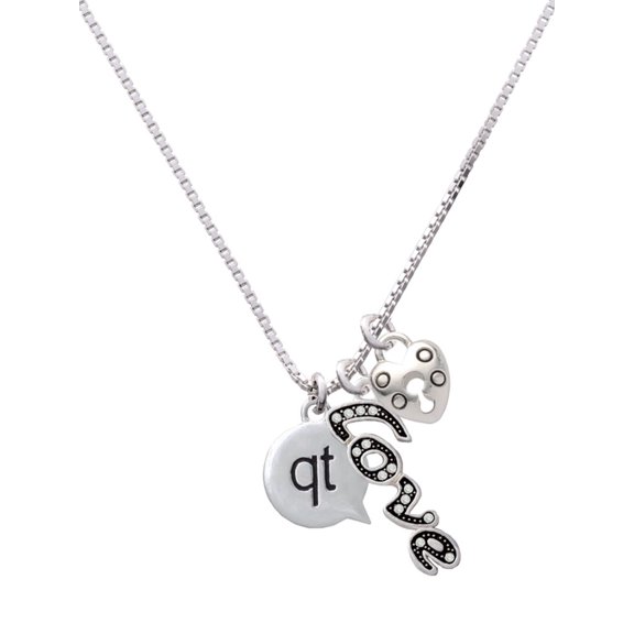 Delight Jewelry Silvertone Text Chat - qt - Cutie - - Love and Lock Charm Necklace, 18"+1"