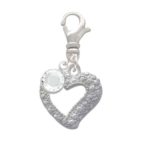 Delight Jewelry Silvertone Textured Open Heart - Silvertone Clip on Charm with Clear Crystal Drop