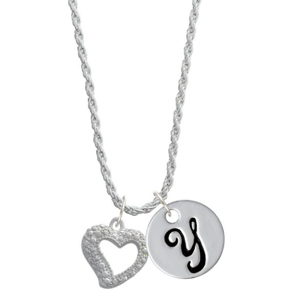 Delight Jewelry Silvertone Textured Open Heart Silvertone Script Initial Disc - Y - Charm Necklace, 20"+3"