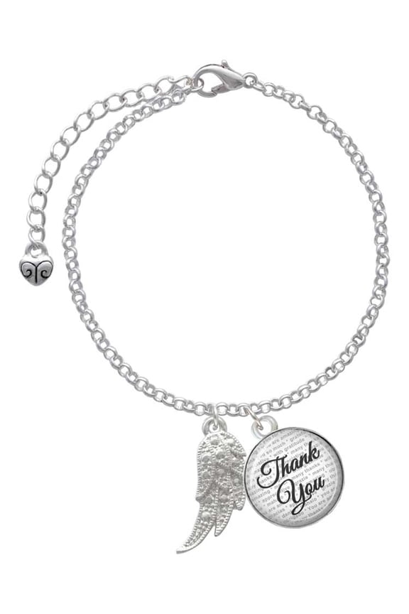 Silvertone Textured Wing - Domed Thank You Charm Bracelet, 6"+2"