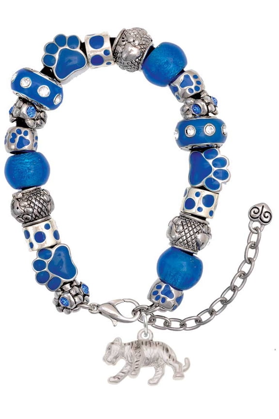 Silvertone Tiger Cub Blue Paw Print Bead Bracelet, 7"+2"