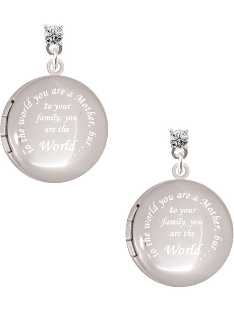 Delight Jewelry Silvertone To the World You are a Mother Round Locket Clear Crystal Post Earrings