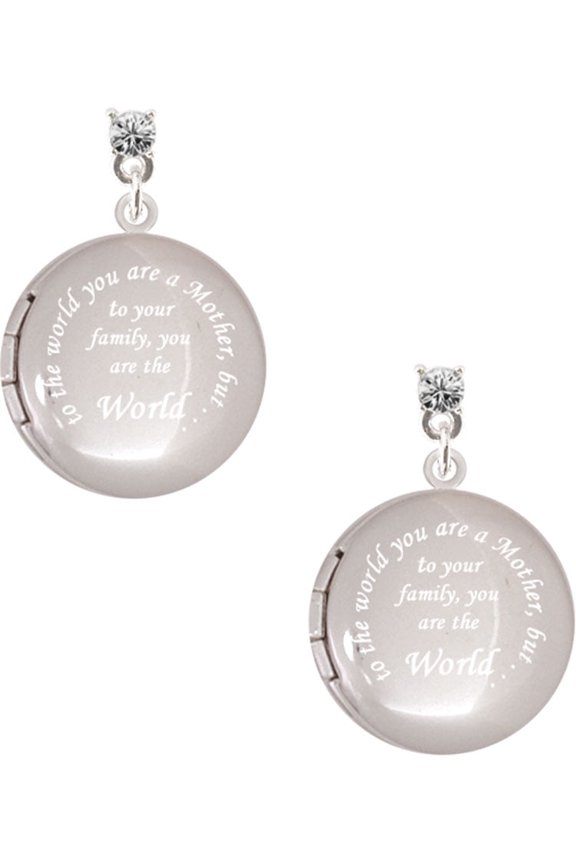 Silvertone To the World You are a Mother Round Locket Clear Crystal Post Earrings