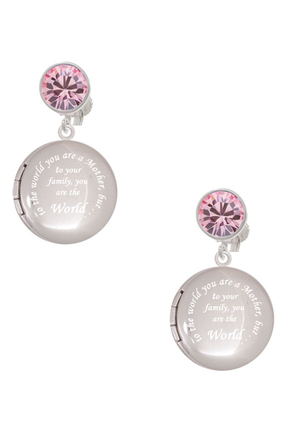 Silvertone To the World You are a Mother Round Locket Pink Crystal Clip on Earrings