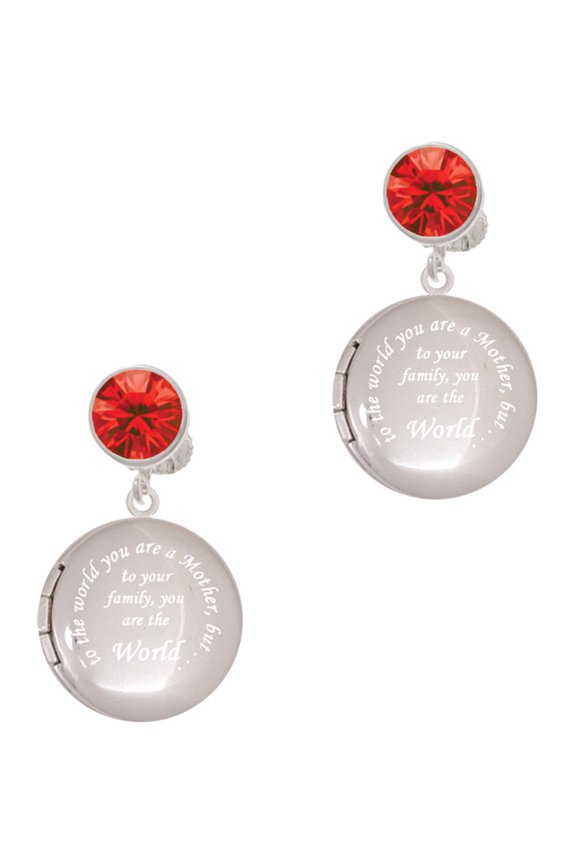 Silvertone To the World You are a Mother Round Locket Red Crystal Clip on Earrings