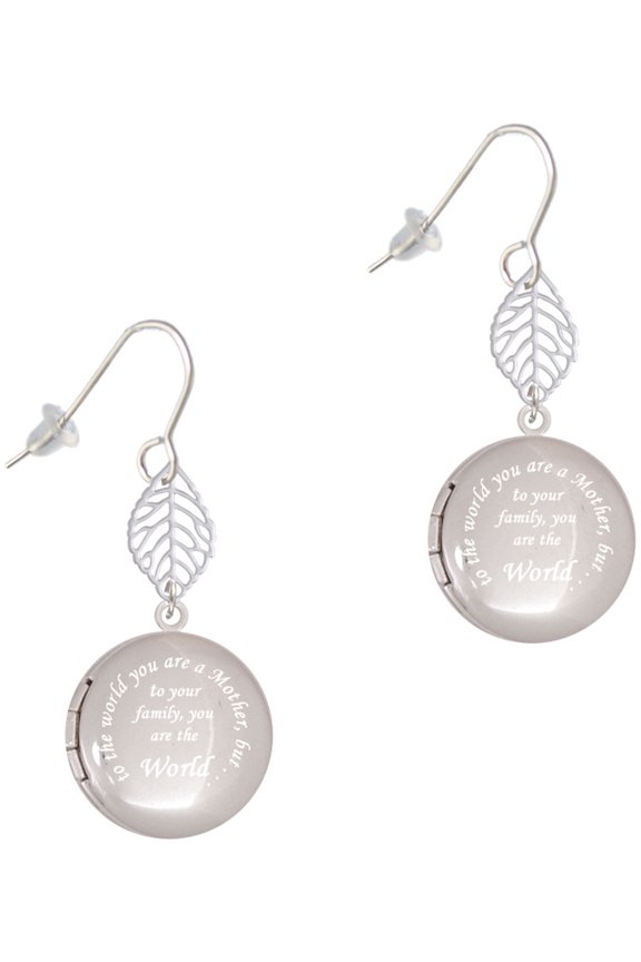 Silvertone To the World You are a Mother Round Locket Silvertone Leaf French Earrings