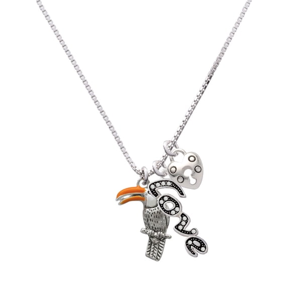 Delight Jewelry Silvertone Toucan - Love and Lock Charm Necklace, 18"+1"