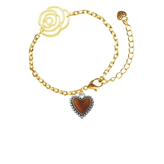 Delight Jewelry Silvertone Translucent Brown Heart with Beaded Border Gold-tone Flower Link Chain Bracelet, 6.75"+2" Extender