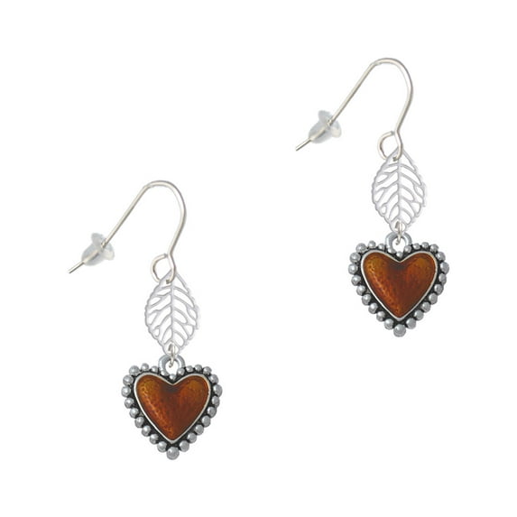 Delight Jewelry Silvertone Translucent Brown Heart with Beaded Border Silvertone Leaf French Earrings