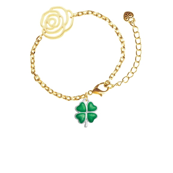 Delight Jewelry Silvertone Translucent Green Lucky Four Leaf Clover Gold-tone Flower Link Chain Bracelet, 6.75"+2" Extender