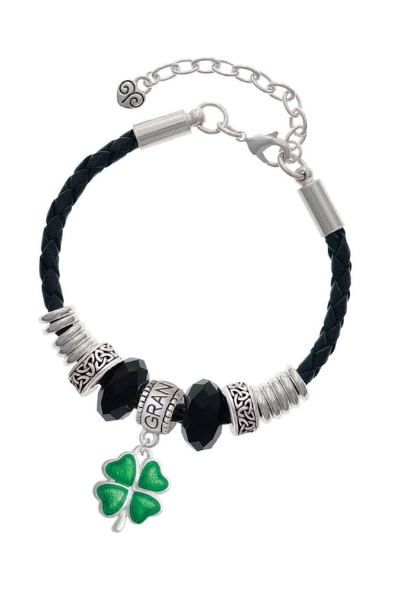 Silvertone Translucent Green Lucky Four Leaf Clover Grandmother Celtic Knot Leather Bead Bracelet, 7"+2" Extender