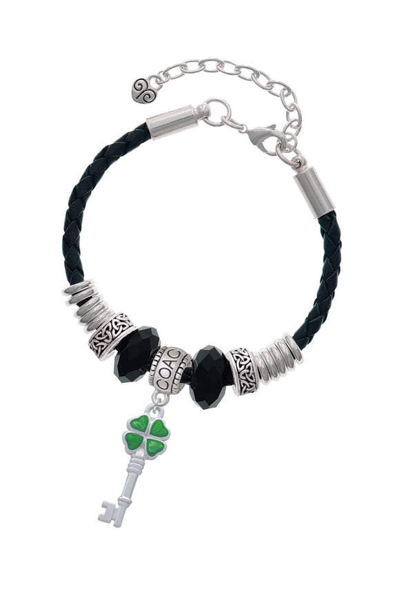 Silvertone Translucent Green Lucky Four Leaf Clover Key Coach Celtic Knot Leather Bead Bracelet, 7"+2" Extender