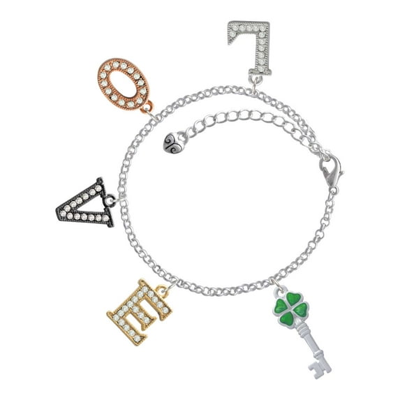 Delight Jewelry Silvertone Translucent Green Lucky Four Leaf Clover Key Multi-Colored Crystal Love Charm Bracelet
