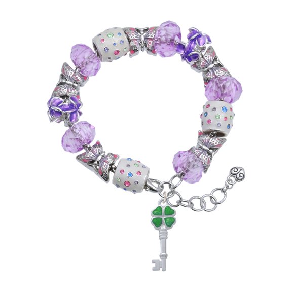 Delight Jewelry Silvertone Translucent Green Lucky Four Leaf Clover Key Purple Butterfly Bead Charm Bracelet, 7"+1" Extender
