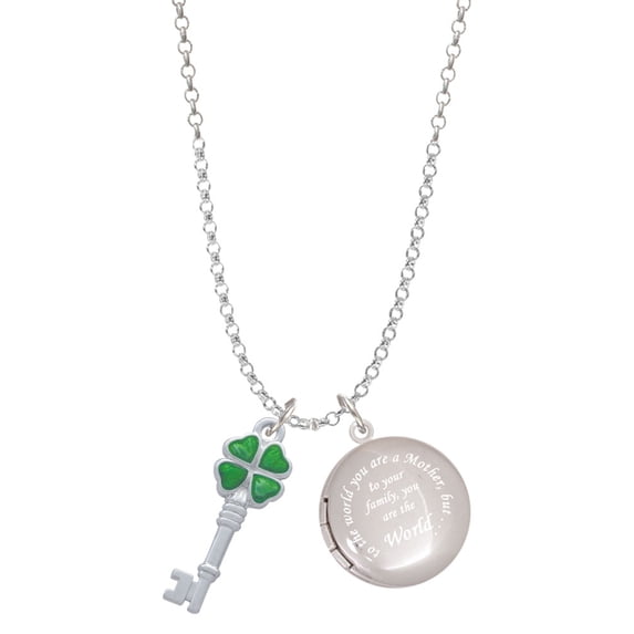 Delight Jewelry Silvertone Translucent Green Lucky Four Leaf Clover Key To the World You are a Mother Locket Necklace