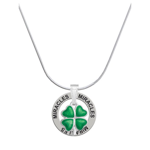 Delight Jewelry Silvertone Translucent Green Lucky Four Leaf Clover Miracles Ring Charm Necklace, 18"