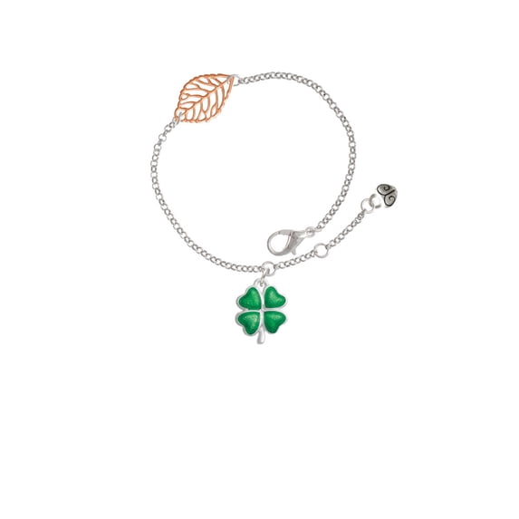 Delight Jewelry Silvertone Translucent Green Lucky Four Leaf Clover - Rose Goldtone Leaf Delicate Bracelet, 6.25+1.75"