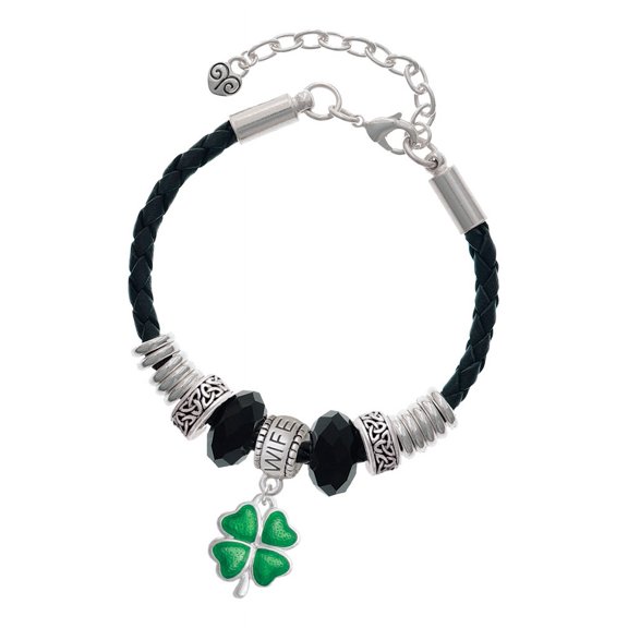 Delight Jewelry Silvertone Translucent Green Lucky Four Leaf Clover Wife Celtic Knot Leather Bead Bracelet, 7"+2" Extender