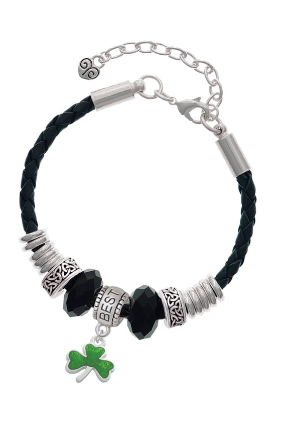 Silvertone Translucent Green Shamrock Best Friend Celtic Knot Leather Bead Bracelet, 7"+2" Extender