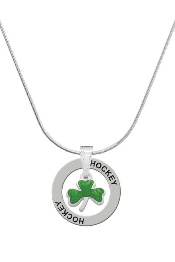 Silvertone Translucent Green Shamrock Hockey Ring Charm Necklace, 18"