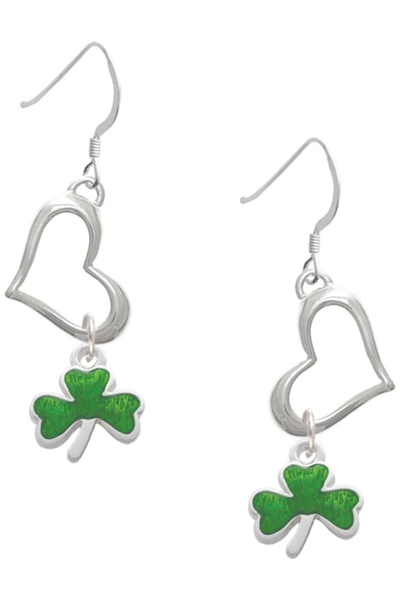 Silvertone Translucent Green Shamrock Open Heart French Earrings