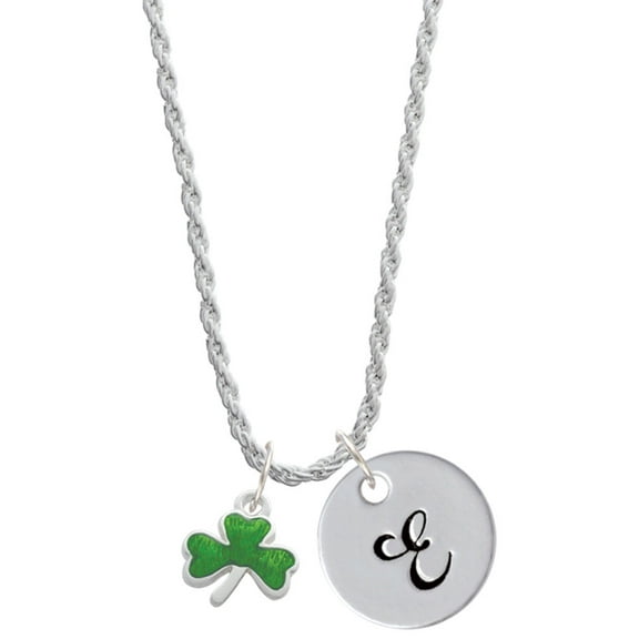 Delight Jewelry Silvertone Translucent Green Shamrock Silvertone Script Initial Disc - E - Charm Necklace, 20"+3"