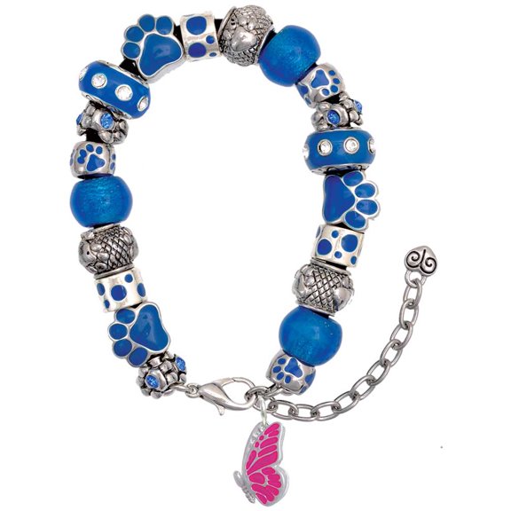 Delight Jewelry Silvertone Translucent Hot Pink Flying Butterfly Blue Paw Print Bead Bracelet, 7"+2"