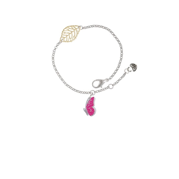 Delight Jewelry Silvertone Translucent Hot Pink Flying Butterfly - Goldtone Leaf Delicate Bracelet, 6.25+1.75"