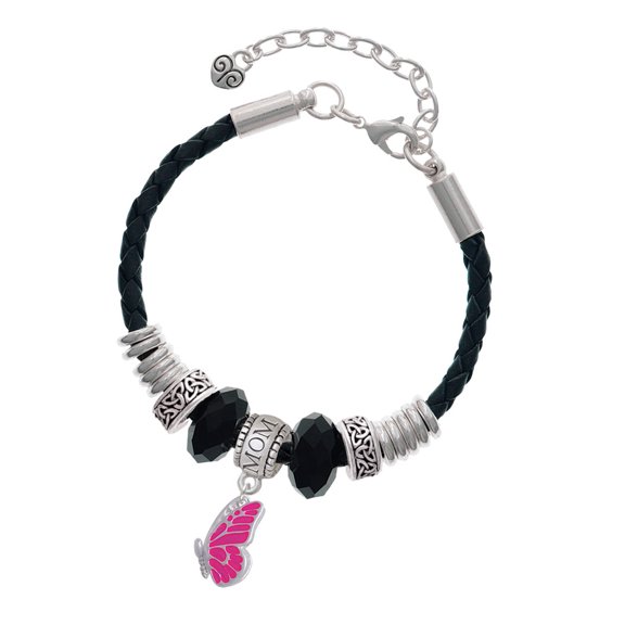 Delight Jewelry Silvertone Translucent Hot Pink Flying Butterfly Mom Celtic Knot Leather Bead Bracelet, 7"+2" Extender
