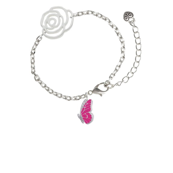 Delight Jewelry Silvertone Translucent Hot Pink Flying Butterfly Silver-tone Flower Link Chain Bracelet, 6.75"+2" Extender