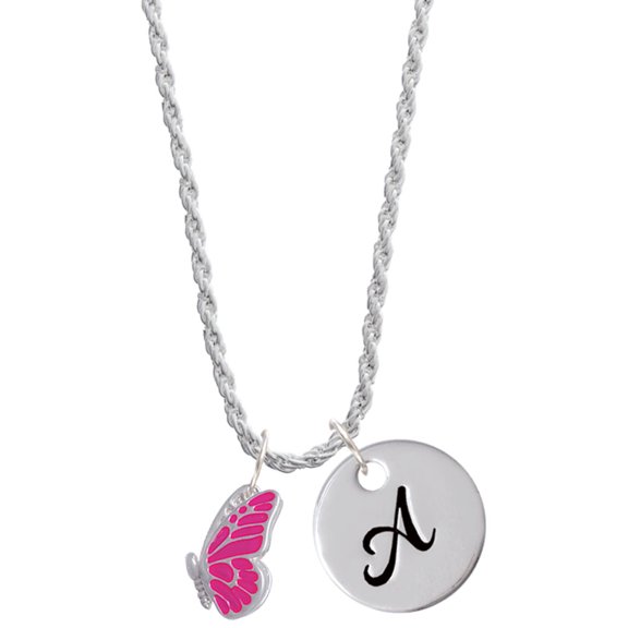 Delight Jewelry Silvertone Translucent Hot Pink Flying Butterfly Silvertone Script Initial Disc - A - Charm Necklace, 20"+3"