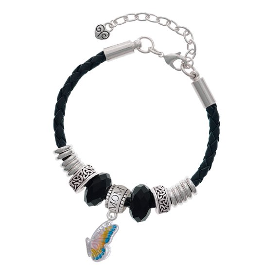 Delight Jewelry Silvertone Translucent Pastel Flying Butterfly Mom Celtic Knot Leather Bead Bracelet, 7"+2" Extender