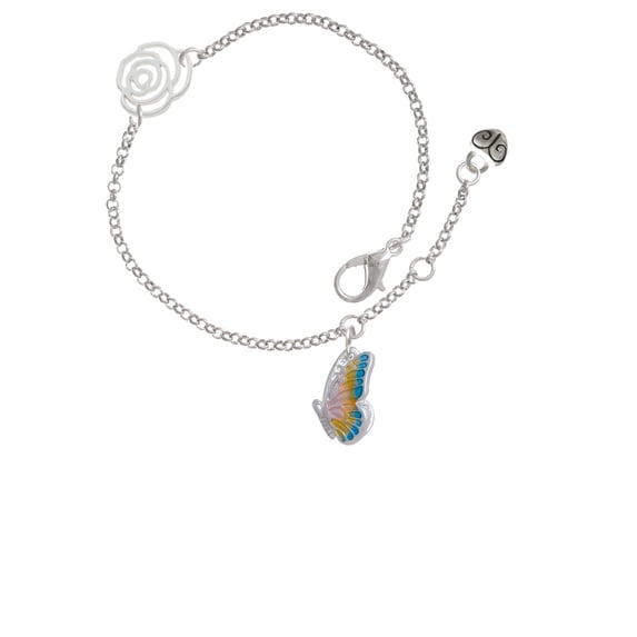 Delight Jewelry Silvertone Translucent Pastel Flying Butterfly Silver-tone Rose Link Chain Bracelet, 6.25"+1.75" Extender