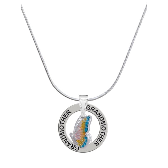 Delight Jewelry Silvertone Translucent Pastel Flying Butterfly Silvertone Grandmother Ring Charm Necklace, 18"
