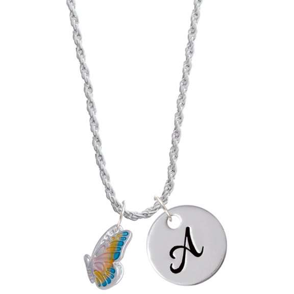 Delight Jewelry Silvertone Translucent Pastel Flying Butterfly Silvertone Script Initial Disc - A - Charm Necklace, 20"+3"