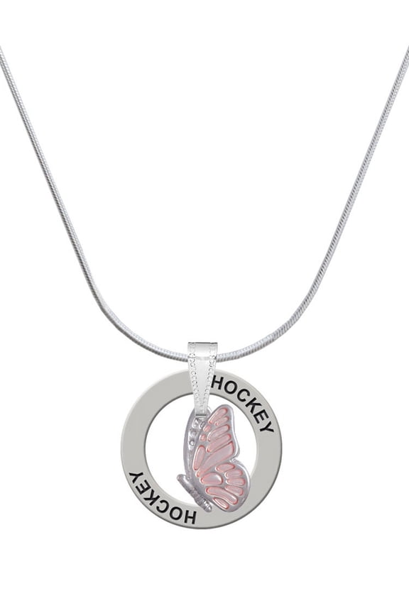 Silvertone Translucent Pink Flying Butterfly Hockey Ring Charm Necklace, 18"