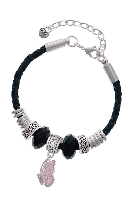 Silvertone Translucent Pink Flying Butterfly Mom Celtic Knot Leather Bead Bracelet, 7"+2" Extender