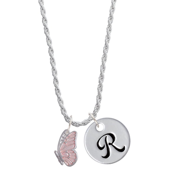 Delight Jewelry Silvertone Translucent Pink Flying Butterfly Silvertone Script Initial Disc - R - Charm Necklace, 20"+3"