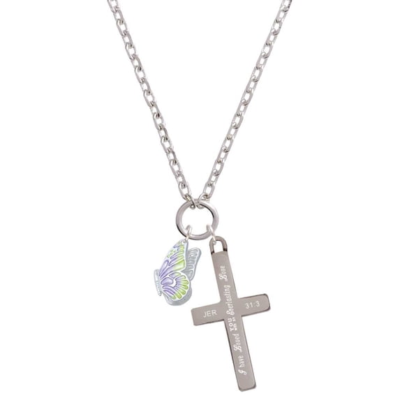 Delight Jewelry Silvertone Translucent Purple & Lime Green Flying Butterfly Everlasting Love Engraved Cross Zoey Necklace, 28"