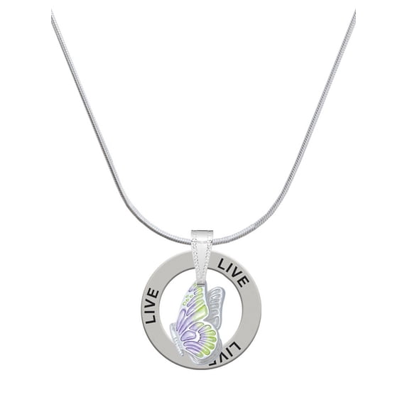 Delight Jewelry Silvertone Translucent Purple & Lime Green Flying Butterfly Live Ring Charm Necklace, 18"