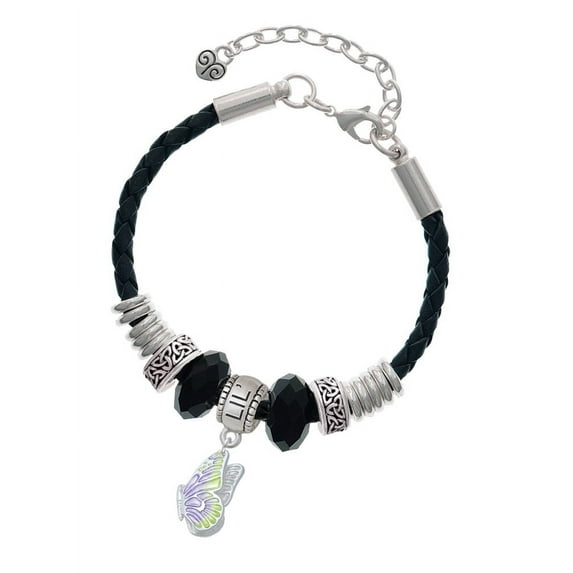 Delight Jewelry Silvertone Translucent Purple & Lime Green Flying Butterfly Middle Sister Celtic Knot Leather Bead Bracelet, 7"+2" Extender