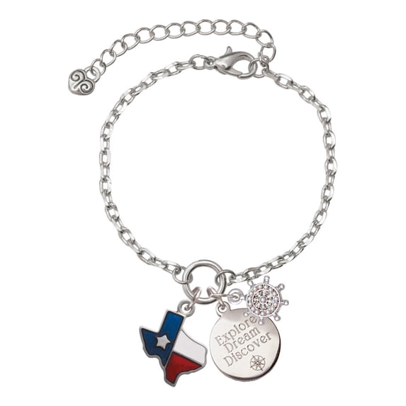 Delight Jewelry Silvertone Translucent Texas - Lone Star Silvertone Discover Dream Explore Zoey Charm Bracelet, 6.5+2" Extender