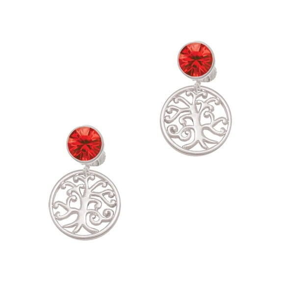 Delight Jewelry Silvertone Tree of Life Cutout Red Crystal Clip on Earrings