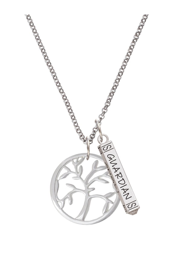 Silvertone Tree of Life in Circle Silvertone Guardian Angel Bar Charm Necklace, 23"